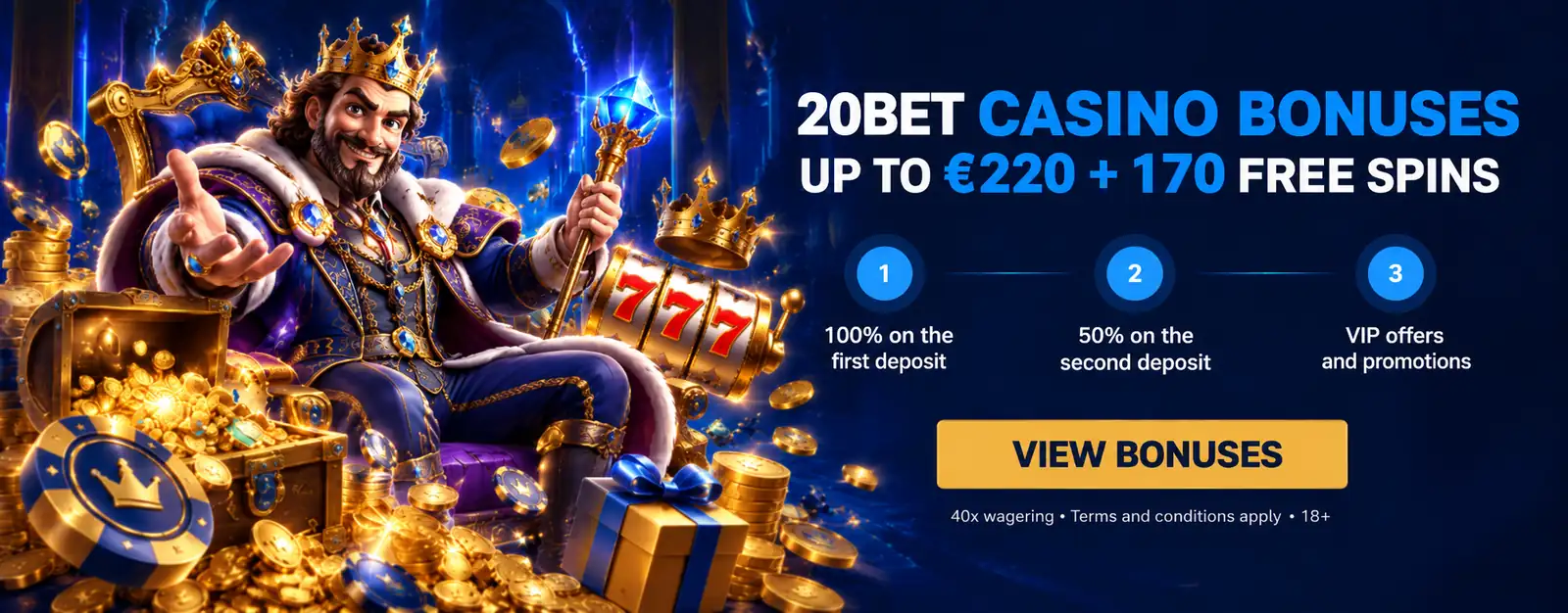 20Bet Casino bonuses: up to €220 and 170 free spins across the first two deposits