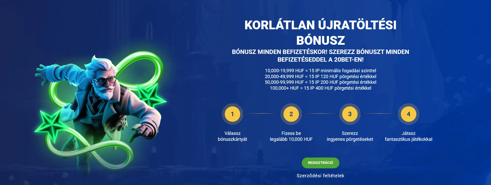 20Bet Casino korlátlan újratöltési bónusz: ingyenes pörgetések minden befizetés után, legalább 10 000 HUF-tól